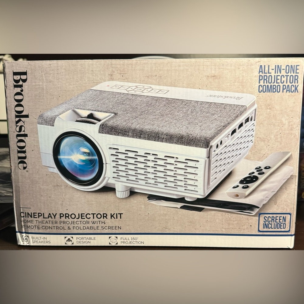 Brookstone All-in-One Home Theater Projector and Screen Set - White